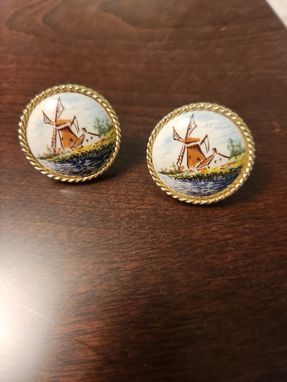 Vintage Windmill Scenic Round Cufflinms - Blue, Brown, White